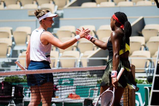 Mandatory Credit: Photo by Rob Prange Shutterstock (12046067x) Barbora Krejcikova of the Czech Republic & Cori Gauff of the United States at the net after their quarter-final at the 2021 Roland Garros Grand Slam Tournament French Open Tennis, Day Eleven, Roland Garros, Paris, France - 09 Jun 2021 French Open Tennis, Day Eleven, Roland Garros, Paris, France - 09 Jun 2021  Copyright: xRobxPrange Shutterstockx 12046067x