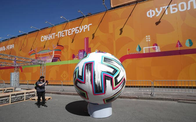 ST PETERSBURG, RUSSIA â€“ JUNE 9, 2021: Uniforia, the official match ball for UEFA EURO, EM, Europameisterschaft,Fussball 2020, at the opening of a football village in Konyushennaya Square ahead of the UEFA Euro 2020 Championship. Entry to the fan zone is free and does not require a Fan-ID or a negative PCR test for coronavirus; no more than 5 thousand people will be allowed in. Alexander Demianchuk TASS  TS1041EA