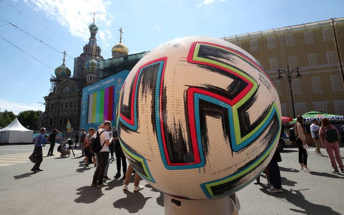 ST PETERSBURG, RUSSIA â€“ JUNE 9, 2021: Uniforia, the official match ball for UEFA EURO, EM, Europameisterschaft,Fussball 2020, at the opening of a football village in Konyushennaya Square ahead of the UEFA Euro 2020 Championship. Entry to the fan zone is free and does not require a Fan-ID or a negative PCR test for coronavirus; no more than 5 thousand people will be allowed in. Alexander Demianchuk TASS  TS1041F3