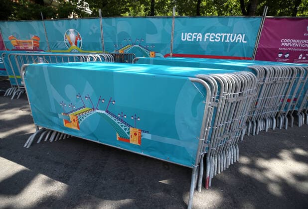 ST PETERSBURG, RUSSIA â€“ JUNE 9, 2021: UEFA Festival-themed barriers at the opening of a football village in Konyushennaya Square ahead of the UEFA EURO, EM, Europameisterschaft,Fussball 2020 Championship. Entry to the fan zone is free and does not require a Fan-ID or a negative PCR test for coronavirus; no more than 5 thousand people will be allowed in. Alexander Demianchuk TASS  TS1041F6