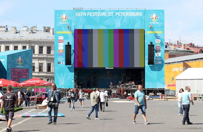 ST PETERSBURG, RUSSIA â€“ JUNE 9, 2021: A screen at a football village in Konyushennaya Square ahead of the UEFA EURO, EM, Europameisterschaft,Fussball 2020 Championship. Entry to the fan zone is free and does not require a Fan-ID or a negative PCR test for coronavirus; no more than 5 thousand people will be allowed in. Alexander Demianchuk TASS  TS10420A