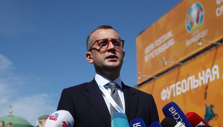 ST PETERSBURG, RUSSIA â€“ JUNE 9, 2021: St Petersburg Vice Governor Boris Piotrovsky talks to the media at a football village in Konyushennaya Square ahead of the UEFA EURO, EM, Europameisterschaft,Fussball 2020 Championship. Entry to the fan zone is free and does not require a Fan-ID or a negative PCR test for coronavirus; no more than 5 thousand people will be allowed in. Alexander Demianchuk TASS  TS104214