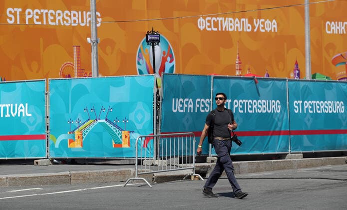 ST PETERSBURG, RUSSIA â€“ JUNE 9, 2021: Banners and barriers at a football village in Konyushennaya Square ahead of the UEFA EURO, EM, Europameisterschaft,Fussball 2020 Championship. Entry to the fan zone is free and does not require a Fan-ID or a negative PCR test for coronavirus; no more than 5 thousand people will be allowed in. Alexander Demianchuk TASS  TS10421A