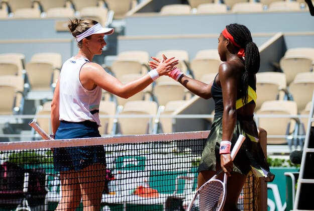 June 9, 2021, PARIS, FRANCE: Barbora Krejcikova of the Czech Republic & Cori Gauff of the United States at the net after their quarter-final at the 2021 Roland Garros Grand Slam Tournament PARIS FRANCE - ZUMAa181 20210609_zaa_a181_035 Copyright: xRobxPrangex