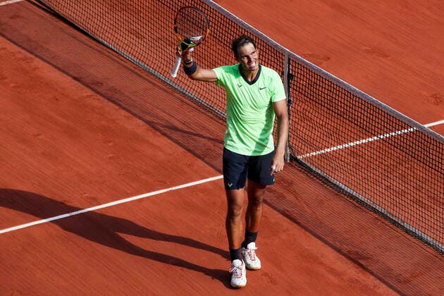 TENNIS - French Open 2021 PARIS,FRANCE,09.June.21 - TENNIS - ATP, Tennis Herren World Tour, French Open, Roland Garros, Grand Slam. Image shows the rejoicing of Rafael Nadal (ESP).  GEPAxpictures xPatrickxSteiner