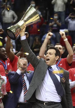 MOSCOW, RUSSIA - JUNE 10, 2021: CSKA Moscow s head coach Dimitrios Itoudis poses with the trophy as CSKA Moscow celebrate winning the VTB United League title after defeating UNICS Kazan 89-81 in Game 3 of the 2021 2022 VTB United League final series at CSKA Arena. Valery Sharifulin TASS  TS1044B8
