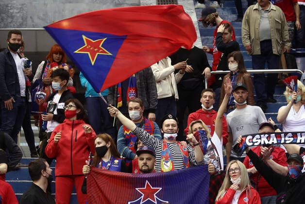 MOSCOW, RUSSIA - JUNE 10, 2021: CSKA fans celebrate as CSKA Moscow wins the VTB United League title after defeating UNICS Kazan 89-81 in Game 3 of the 2021 2022 VTB United League final series at CSKA Arena. Valery Sharifulin TASS  TS1044D1