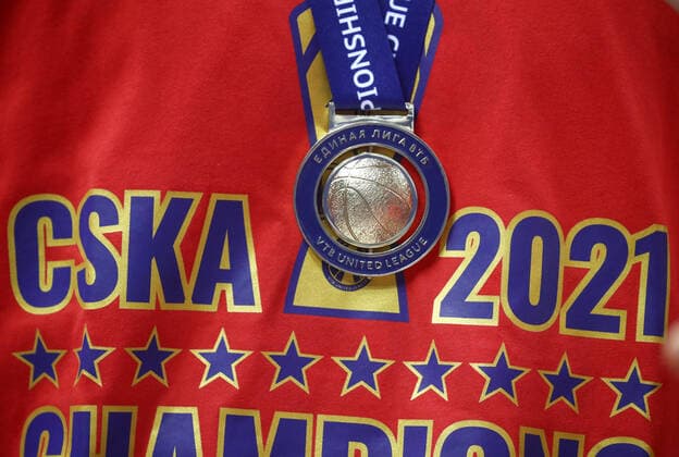MOSCOW, RUSSIA - JUNE 10, 2021: A CSKA Moscow player wears a golden medal as CSKA Moscow celebrate winning the VTB United League title after defeating UNICS Kazan 89-81 in Game 3 of the 2021 2022 VTB United League final series at CSKA Arena. Valery Sharifulin TASS  TS1044D2