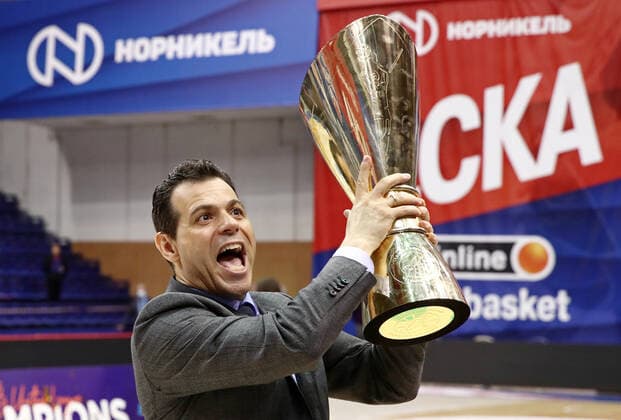 MOSCOW, RUSSIA - JUNE 10, 2021: CSKA Moscow s head coach Dimitrios Itoudis poses with the trophy as CSKA Moscow celebrate winning the VTB United League title after defeating UNICS Kazan 89-81 in Game 3 of the 2021 2022 VTB United League final series at CSKA Arena. Valery Sharifulin TASS  TS1044DD
