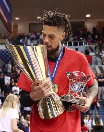 MOSCOW, RUSSIA - JUNE 10, 2021: CSKA Moscow player Daniel Hackett poses with trophies as CSKA Moscow celebrate winning the VTB United League title after defeating UNICS Kazan 89-81 in Game 3 of the 2021 2022 VTB United League final series at CSKA Arena. Valery Sharifulin TASS  TS1044FC