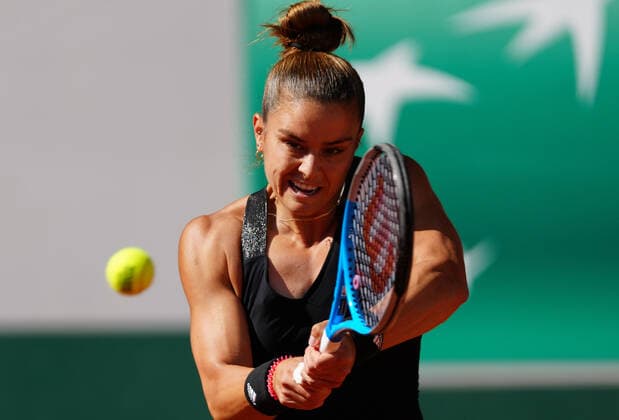 (210611) -- PARIS, June 11, 2021 -- Maria Sakkari of Greece returns the ball during the women s singles semifinal match between Barbora Krejcikova of the Czech Republic and Maria Sakkari of Greece at the French Open tennis tournament at Roland Garros in Paris, France, June 10, 2021. ) (SP)FRANCE-PARIS-TENNIS-ROLAND GARROS-FRENCH OPEN-WOMEN S SINGLES-SEMIFINALS GaoxJing 