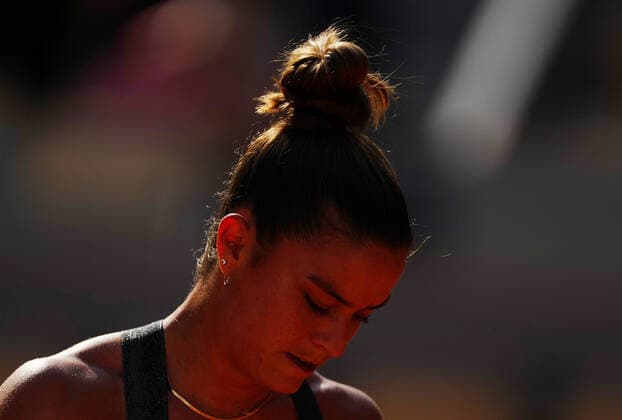 (210611) -- PARIS, June 11, 2021 -- Maria Sakkari of Greece reacts during the women s singles semifinal match between Barbora Krejcikova of the Czech Republic and Maria Sakkari of Greece at the French Open tennis tournament at Roland Garros in Paris, France, June 10, 2021. ) (SP)FRANCE-PARIS-TENNIS-ROLAND GARROS-FRENCH OPEN-WOMEN S SINGLES-SEMIFINALS GaoxJing 