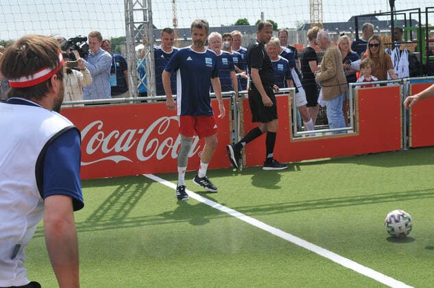 EURO 2021, Kronprinz Frederik von Dänemark bei einem Fußballspiel in der Fanzone in Kopenhagen Copenhagen, Denmark. 11 June 2021,Danish cronw prince Frederik opens offical EEFA Euro 2020 footbal festival in Copenhagen in UEFA festival copenahgen footbal village by playing football with danish foots stars tody in Danish capital. (Photo..Francis Joseph Dean Dean Pictures)