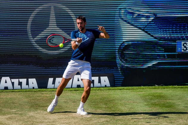 Marin Cilic (CRO) beim Spiel Denis Shapovalov (CAN) vs. Marin Cilic (CRO) ATP, Tennis Herren 250 ATP TOUR ATP-Rasenturnier: MercedesCup 2021 am 11.06.2021 in Stuttgart (TC Weissenhof), Baden-Wuerttemberg, Deutschland Stuttgart. 11.06.21 Tennis , 11.06.2021, Stuttgart (Deutschland)