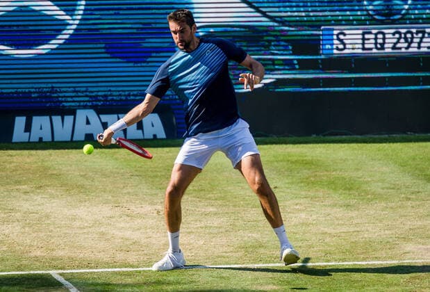 Marin Cilic (CRO) beim Spiel Denis Shapovalov (CAN) vs. Marin Cilic (CRO) ATP, Tennis Herren 250 ATP TOUR ATP-Rasenturnier: MercedesCup 2021 am 11.06.2021 in Stuttgart (TC Weissenhof), Baden-Wuerttemberg, Deutschland Stuttgart. 11.06.21 Tennis , 11.06.2021, Stuttgart (Deutschland)