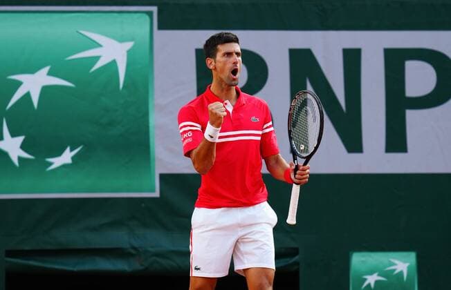 Mandatory Credit: Photo by Javier Garcia BPI Shutterstock (12058128ic) Novak Djokovic celebrates during his semi final match French Open Tennis, Day Thirteen, Roland Garros, Paris, France - 11 Jun 2021 French Open Tennis, Day Thirteen, Roland Garros, Paris, France - 11 Jun 2021  Copyright: xJavierxGarcia BPI Shutterstockx 12058128ic
