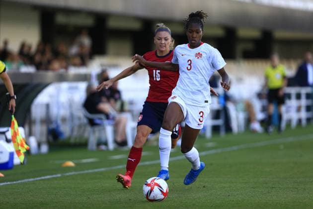 Cartagena, Spain, June 11th 2021 Marketa Ringelova (Czech 15) and Kadeisha Buchanan (Canada 3) during the Womens International Friendly, L?nderspiel, Nationalmannschaft match between Czech Republic and Canada at Estadio Municipal Cartagnova in Cartagena, Spain. 