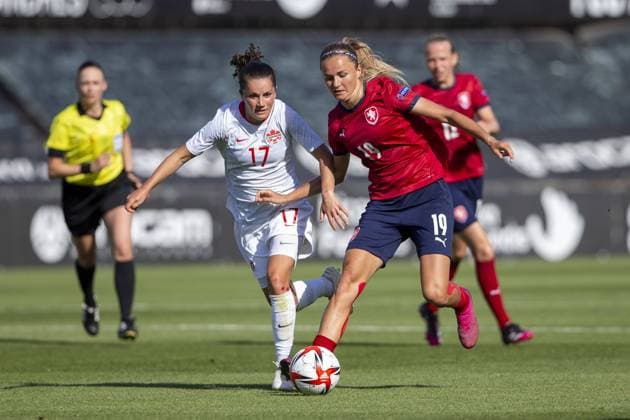Cartagena, Spain, June 11th 2021 Simona Necidova (Czech 19) and Jessie Fleming (Canada 17) during the Womens International Friendly, L?nderspiel, Nationalmannschaft match between Czech Republic and Canada at Estadio Municipal Cartagnova in Cartagena, Spain. 