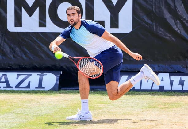 (210612) -- STUTTGART, June 12, 2021 -- Marin Cilic hits a return during the men s singles semifinal of Mercedes Cup between Marin Cilic of Croatia and Jurij Rodionov of Austria in Stuttgart, Germany, June 12, 2021. (Photo by Xinhua) (SP)GERMANY-STUTTGART-TENNIS-MERCEDES CUP-MEN S SINGLES-SEMIFINALS PhilippexRuiz 