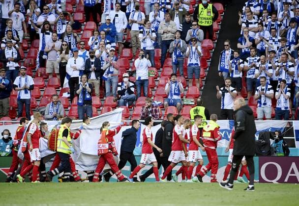 Christian Eriksen of Denmark carries away on a stretcher during UEFA EURO, EM, Europameisterschaft,Fussball 2020 football tournament group B match Finland vs. Denmark at the Parken Stadium in Copenhagen, Denmark, on Saturday June 12, 2021. Copenhagen Denmark LKFTJ20210612195645DFPW  Copyright: xMarkkuxUlanderx
