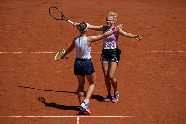 (210613) -- PARIS, June 13, 2021 -- Barbora Krejcikova (L) Katerina Siniakova celebrate after winning the women s doubles final between Barbora Krejcikova Katerina Siniakova of the Czech Republic and Iga Swiatek of Poland Bethanie Mattek-Sands of the United States at the French Open tennis tournament at Roland Garros in Paris, France, June 13, 2021. (Photo by Xinhua) (SP)FRANCE-PARIS-TENNIS-ROLAND GARROS-FRENCH OPEN-WOMEN S DOUBLES-FINAL AurelienxMorissard 