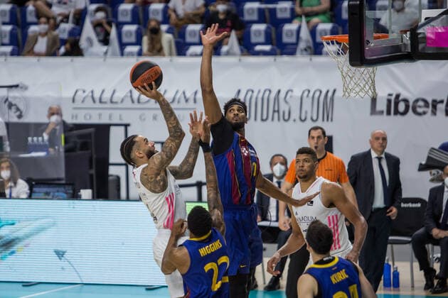 Spain: Real Madrid - FC Barcelona, Barca Jeffery Taylor (left white) during FC Barccelona victory over Real Madrid (75 - 89) in Liga Endesa finals series (game 1) celebrated in Madrid (Spain) at Wizink Center. June 13th 2021. Madrid Madrid Spain WiZink Center Copyright: JuanxCarlosxGarcíaxMate