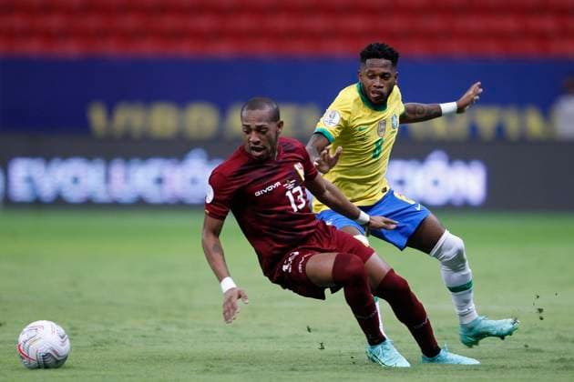 13th June 2021; Mane Garrincha Stadium, Brasilia, Distrito Federal, Brazil; Copa America, Brazil versus Venezuela; Fred of Brazil beaten by the turn back from Jose Mart& xed;nez of Venezuela  ActionPlus12296089 AdalbertoxMarques