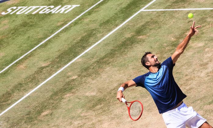 (210614) -- STUTTGART, June 14, 2021 -- Marin Cilic of Croatia serves during the men s singles final match of Mercedes Cup against Felix Auger-Aliassime of Canada in Stuttgart, Germany, June 13, 2021. Marin Cilic won 2-0 and claimed the title. (Photo by Xinhua) (SP)GERMANY-STUTTGART-TENNIS-MERCEDES CUP-MEN S SINGLES-FINAL PhilippexRuiz 