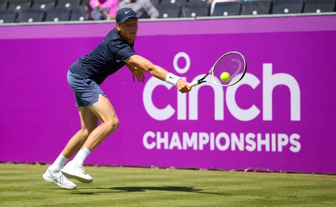 Mandatory Credit: Photo by Ella Ling BPI Shutterstock (12071591at) Jannik Sinner of Italy in action Cinch Championships, Day One, Tennis, Queens Club, London, UK - 14 June 2021 EDITORIAL USE ONLY No use with unauthorised audio, video, data, fixture lists, club league logos or live services. Online in-match use limited to 120 images, no video emulation. No use in betting, games or single club league player publications. Cinch Championships, Day One, Tennis, Queens Club, London, UK - 14 June 2021 EDITORIAL USE ONLY No use with unauthorised audio, video, data, fixture lists, club league logos or live services. Online in-match use limited to 120 images, no video emulation. No use in betting, games or single club league player publications.  Copyright: xEllaxLing BPI Shutterstockx 12071591at