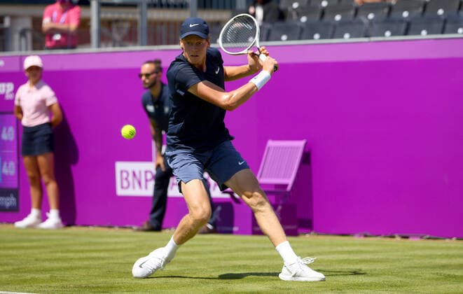 Mandatory Credit: Photo by Ella Ling BPI Shutterstock (12071591am) Jannik Sinner of Italy in action Cinch Championships, Day One, Tennis, Queens Club, London, UK - 14 June 2021 EDITORIAL USE ONLY No use with unauthorised audio, video, data, fixture lists, club league logos or live services. Online in-match use limited to 120 images, no video emulation. No use in betting, games or single club league player publications. Cinch Championships, Day One, Tennis, Queens Club, London, UK - 14 June 2021 EDITORIAL USE ONLY No use with unauthorised audio, video, data, fixture lists, club league logos or live services. Online in-match use limited to 120 images, no video emulation. No use in betting, games or single club league player publications.  Copyright: xEllaxLing BPI Shutterstockx 12071591am