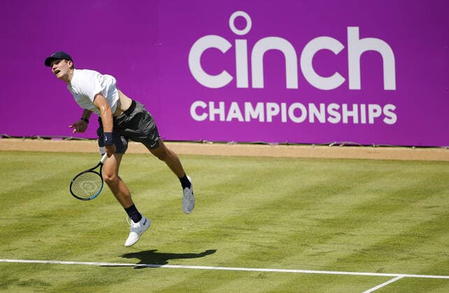 Mandatory Credit: Photo by Ella Ling BPI Shutterstock (12071591h) Jack Draper of Great Britain in action Cinch Championships, Day One, Tennis, Queens Club, London, UK - 14 June 2021 EDITORIAL USE ONLY No use with unauthorised audio, video, data, fixture lists, club league logos or live services. Online in-match use limited to 120 images, no video emulation. No use in betting, games or single club league player publications. Cinch Championships, Day One, Tennis, Queens Club, London, UK - 14 June 2021 EDITORIAL USE ONLY No use with unauthorised audio, video, data, fixture lists, club league logos or live services. Online in-match use limited to 120 images, no video emulation. No use in betting, games or single club league player publications.  Copyright: xEllaxLing BPI Shutterstockx 12071591h
