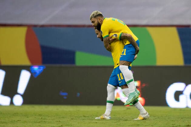 13th June 2021; Mane Garrincha Stadium, Brasilia, Distrito Federal, Brazil; Copa America, Brazil versus Venezuela; Gabriel Barbosa of Brazil celebrates his goal with Neymar in the 89th minute 3-0  ActionPlus12296196 LucasxFigueiredo
