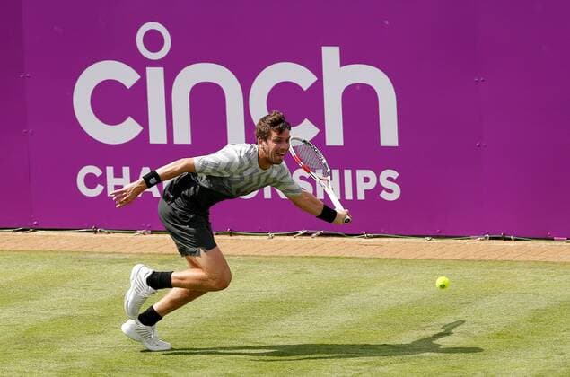 Mandatory Credit: Photo by Ella Ling BPI Shutterstock (12071591aw) Cameron Norrie of GBR in action Cinch Championships, Day One, Tennis, Queens Club, London, UK - 14 June 2021 EDITORIAL USE ONLY No use with unauthorised audio, video, data, fixture lists, club league logos or live services. Online in-match use limited to 120 images, no video emulation. No use in betting, games or single club league player publications. Cinch Championships, Day One, Tennis, Queens Club, London, UK - 14 June 2021 EDITORIAL USE ONLY No use with unauthorised audio, video, data, fixture lists, club league logos or live services. Online in-match use limited to 120 images, no video emulation. No use in betting, games or single club league player publications.  Copyright: xEllaxLing BPI Shutterstockx 12071591aw