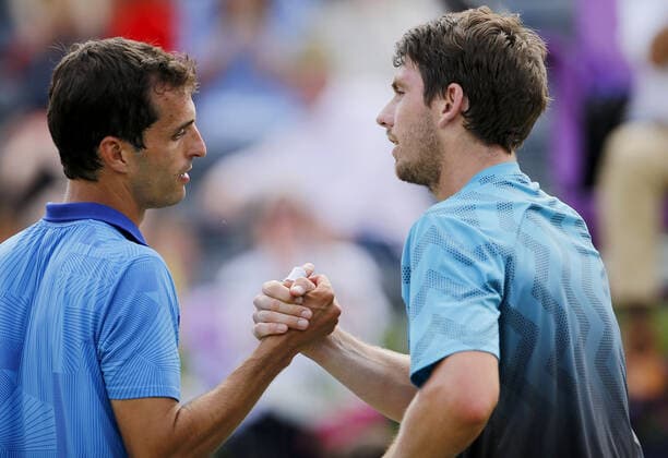 Mandatory Credit: Photo by Ella Ling BPI Shutterstock (12071591bv) Cameron Norrie of GBR shakes hands with Albert Ramos-Vinolas of Spain at the net Cinch Championships, Day One, Tennis, Queens Club, London, UK - 14 June 2021 EDITORIAL USE ONLY No use with unauthorised audio, video, data, fixture lists, club league logos or live services. Online in-match use limited to 120 images, no video emulation. No use in betting, games or single club league player publications. Cinch Championships, Day One, Tennis, Queens Club, London, UK - 14 June 2021 EDITORIAL USE ONLY No use with unauthorised audio, video, data, fixture lists, club league logos or live services. Online in-match use limited to 120 images, no video emulation. No use in betting, games or single club league player publications.  Copyright: xEllaxLing BPI Shutterstockx 12071591bv