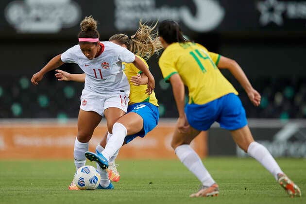 Brazil v Canada - Women s International Friendly, Länderspiel, Nationalmannschaft Desiree Scott of Canada and Andressa Machry of Brazil competes for the ball during the Women s International Friendly match between Brazil and Canada at Estadio Cartagonova on June 14, 2021 in Cartagena, Cartagena Murcia Spain breton-brazilvc210614_npbmr  Copyright: xJosexBretonx