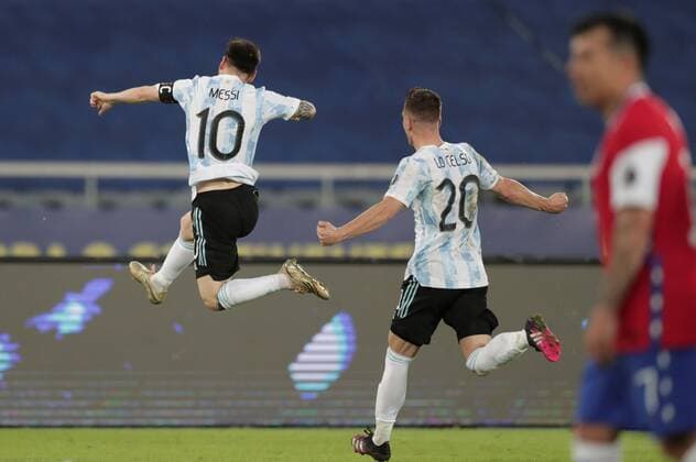Lionel Messi of Argentina celebrates a goal today, in a group B match of the Copa America between the teams of Argentina and Chile at Olimpico Nilton Santos stadium in Rio de Janeiro, Brazil 14 June 2021. Argentina - Chile !ACHTUNG: NUR REDAKTIONELLE NUTZUNG!  Copyright: xANDRExCOELHOx AME5691 20210614-637593115461089455