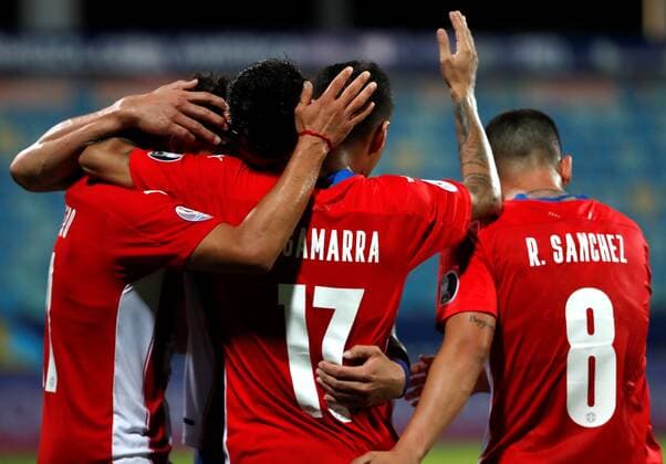 Paraguay players celebrate a goal today, in a match of group B of the Copa America between the teams of Paraguay and Bolivia at the Olympic Stadium in Goiania, Brazil 14 June 2021. Paraguay - Bolivia !ACHTUNG: NUR REDAKTIONELLE NUTZUNG!  Copyright: xALBERTOxVALDESx AME5803 20210615-637593263827887853
