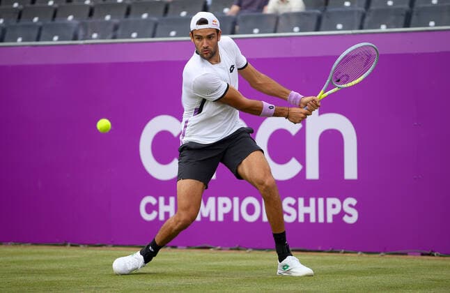 Mandatory Credit: Photo by Ella Ling BPI Shutterstock (12074706v) Matteo Berrettini of Italy in action Cinch Championships, Day Two, Tennis, Queens Club, London, UK - 15 June 2021 EDITORIAL USE ONLY No use with unauthorised audio, video, data, fixture lists, club league logos or live services. Online in-match use limited to 120 images, no video emulation. No use in betting, games or single club league player publications. Cinch Championships, Day Two, Tennis, Queens Club, London, UK - 15 June 2021 EDITORIAL USE ONLY No use with unauthorised audio, video, data, fixture lists, club league logos or live services. Online in-match use limited to 120 images, no video emulation. No use in betting, games or single club league player publications. Copyright: xEllaxLing BPI Shutterstockx 12074706v