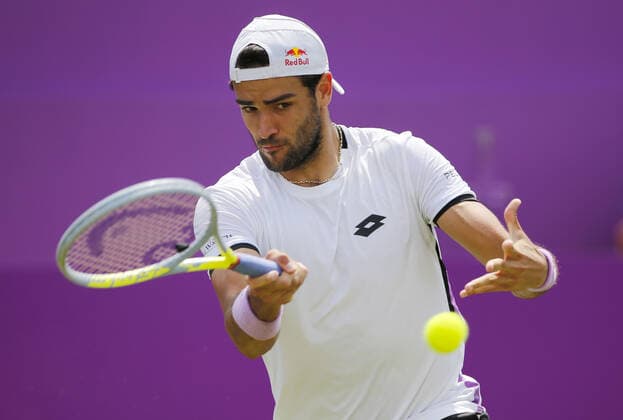 Mandatory Credit: Photo by Ella Ling BPI Shutterstock (12074706ao) Matteo Berrettini of Italy in action Cinch Championships, Day Two, Tennis, Queens Club, London, UK - 15 June 2021 EDITORIAL USE ONLY No use with unauthorised audio, video, data, fixture lists, club league logos or live services. Online in-match use limited to 120 images, no video emulation. No use in betting, games or single club league player publications. Cinch Championships, Day Two, Tennis, Queens Club, London, UK - 15 June 2021 EDITORIAL USE ONLY No use with unauthorised audio, video, data, fixture lists, club league logos or live services. Online in-match use limited to 120 images, no video emulation. No use in betting, games or single club league player publications.  Copyright: xEllaxLing BPI Shutterstockx 12074706ao