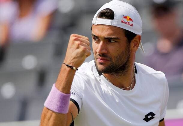 Mandatory Credit: Photo by Ella Ling BPI Shutterstock (12074706al) Matteo Berrettini of Italy celebrates Cinch Championships, Day Two, Tennis, Queens Club, London, UK - 15 June 2021 EDITORIAL USE ONLY No use with unauthorised audio, video, data, fixture lists, club league logos or live services. Online in-match use limited to 120 images, no video emulation. No use in betting, games or single club league player publications. Cinch Championships, Day Two, Tennis, Queens Club, London, UK - 15 June 2021 EDITORIAL USE ONLY No use with unauthorised audio, video, data, fixture lists, club league logos or live services. Online in-match use limited to 120 images, no video emulation. No use in betting, games or single club league player publications.  Copyright: xEllaxLing BPI Shutterstockx 12074706al