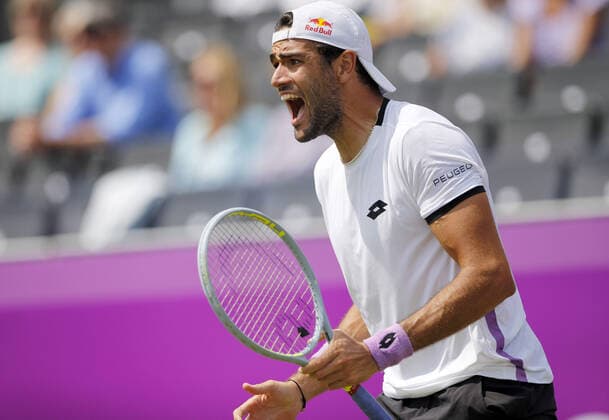 Mandatory Credit: Photo by Ella Ling BPI Shutterstock (12074706ak) Matteo Berrettini of Italy celebrates Cinch Championships, Day Two, Tennis, Queens Club, London, UK - 15 June 2021 EDITORIAL USE ONLY No use with unauthorised audio, video, data, fixture lists, club league logos or live services. Online in-match use limited to 120 images, no video emulation. No use in betting, games or single club league player publications. Cinch Championships, Day Two, Tennis, Queens Club, London, UK - 15 June 2021 EDITORIAL USE ONLY No use with unauthorised audio, video, data, fixture lists, club league logos or live services. Online in-match use limited to 120 images, no video emulation. No use in betting, games or single club league player publications.  Copyright: xEllaxLing BPI Shutterstockx 12074706ak