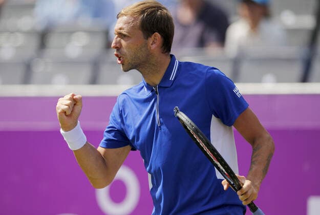 Mandatory Credit: Photo by Ella Ling BPI Shutterstock (12074706au) Dan Evans of GBR celebrates Cinch Championships, Day Two, Tennis, Queens Club, London, UK - 15 June 2021 EDITORIAL USE ONLY No use with unauthorised audio, video, data, fixture lists, club league logos or live services. Online in-match use limited to 120 images, no video emulation. No use in betting, games or single club league player publications. Cinch Championships, Day Two, Tennis, Queens Club, London, UK - 15 June 2021 EDITORIAL USE ONLY No use with unauthorised audio, video, data, fixture lists, club league logos or live services. Online in-match use limited to 120 images, no video emulation. No use in betting, games or single club league player publications.  Copyright: xEllaxLing BPI Shutterstockx 12074706au