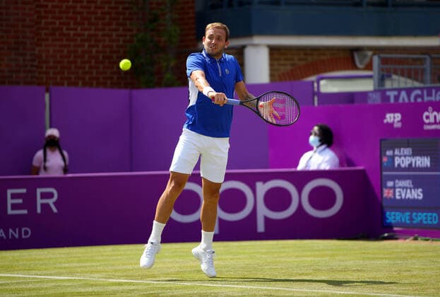 Mandatory Credit: Photo by Ella Ling BPI Shutterstock (12074706bg) Dan Evans of GBR in action Cinch Championships, Day Two, Tennis, Queens Club, London, UK - 15 June 2021 EDITORIAL USE ONLY No use with unauthorised audio, video, data, fixture lists, club league logos or live services. Online in-match use limited to 120 images, no video emulation. No use in betting, games or single club league player publications. Cinch Championships, Day Two, Tennis, Queens Club, London, UK - 15 June 2021 EDITORIAL USE ONLY No use with unauthorised audio, video, data, fixture lists, club league logos or live services. Online in-match use limited to 120 images, no video emulation. No use in betting, games or single club league player publications.  Copyright: xEllaxLing BPI Shutterstockx 12074706bg