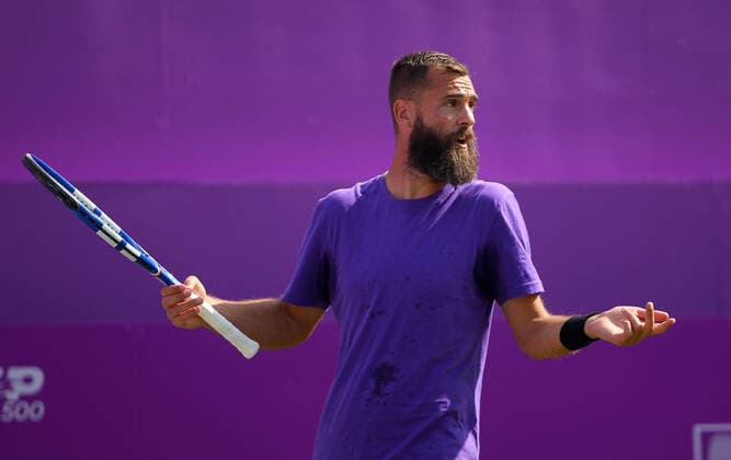 Mandatory Credit: Photo by Ella Ling BPI Shutterstock (12074706ea) Benoit Paire of France frustrated Cinch Championships, Day Two, Tennis, Queens Club, London, UK - 15 June 2021 EDITORIAL USE ONLY No use with unauthorised audio, video, data, fixture lists, club league logos or live services. Online in-match use limited to 120 images, no video emulation. No use in betting, games or single club league player publications. Cinch Championships, Day Two, Tennis, Queens Club, London, UK - 15 June 2021 EDITORIAL USE ONLY No use with unauthorised audio, video, data, fixture lists, club league logos or live services. Online in-match use limited to 120 images, no video emulation. No use in betting, games or single club league player publications.  Copyright: xEllaxLing BPI Shutterstockx 12074706ea