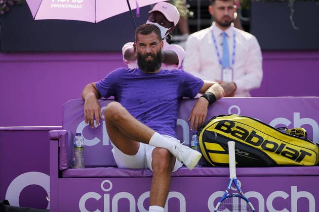Mandatory Credit: Photo by Ella Ling BPI Shutterstock (12074706dy) Benoit Paire of France sits dejected Cinch Championships, Day Two, Tennis, Queens Club, London, UK - 15 June 2021 EDITORIAL USE ONLY No use with unauthorised audio, video, data, fixture lists, club league logos or live services. Online in-match use limited to 120 images, no video emulation. No use in betting, games or single club league player publications. Cinch Championships, Day Two, Tennis, Queens Club, London, UK - 15 June 2021 EDITORIAL USE ONLY No use with unauthorised audio, video, data, fixture lists, club league logos or live services. Online in-match use limited to 120 images, no video emulation. No use in betting, games or single club league player publications.  Copyright: xEllaxLing BPI Shutterstockx 12074706dy