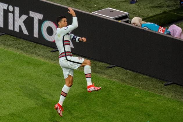 Budapest, Hungary, June 15h 2021: Cristiano Ronaldo (7 Portugal) celebrates his goal during the European Championship, EM, Europameisterschaft football match between Hungary and Portugal at Puskas Ar? na in Budagpest, Hungary. 