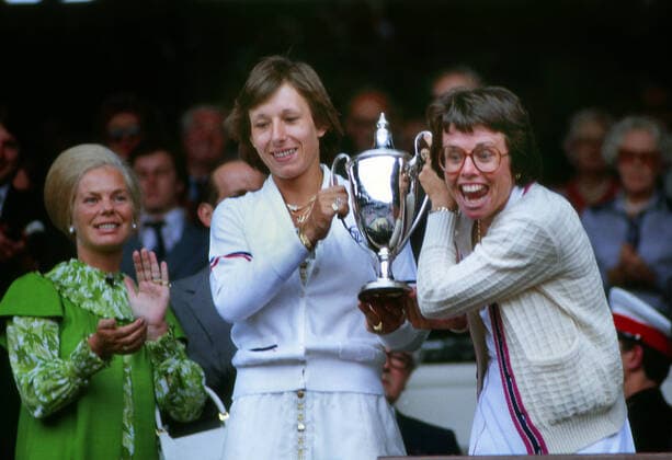 Tennis - 1979 Wimbledon Championships Womens doubles Final. Martina Navratilova and Billie Jean King v Betty Stove and Wendy Turnbull Martina Navratilova and Billie Jean King (Winners) collect their trophy in the Royal box HRH The Duchess of Kent (left) Colorsport Andrew Cowie 