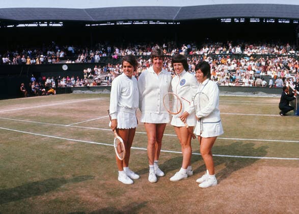 L to R. Evonne Goolagong (Cawley), Margaret Court , Billie Jean King , Rosie Casals. Ladies Doudles. Centre Court. Wimbledon Tennis Championships 1971 