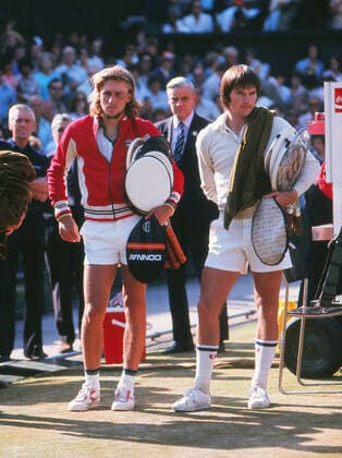 Tennis - 1977 Wimbledon Championships - Men s Singles Final The finalists Bjorn Borg, left, and Jimmy Connors, on Centre Court. Borg won the match 3-6 6-2 6-1 5-7 6-4 to win his second Wimbledon title. 