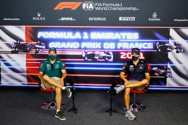 VETTEL Sebastian (ger), Aston Martin F1 AMR21, PEREZ Sergio (mex), Red Bull Racing Honda RB16B, portrait, press conference, PK, Pressekonferenz during the Formula 1 Emirates Grand Prix de France 2021, 7th round of the 2021 FIA Formula One World Championship, WM, Weltmeisterschaft from June 18 to 20, 2021 on the Circuit Paul Ricard, in Le Castellet, France FORMULE 1 : Grand Prix de France - Circuit Paul-Ricard - 17 06 2021 DPPI PANORAMIC _V2_2079